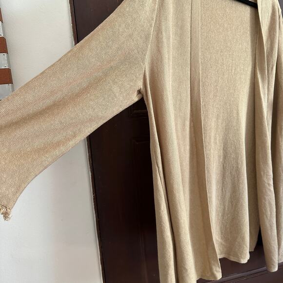 J. JILL | Camel Tan Linen Blend Open Front Raw Cuff Cardigan Sweater | Large - Picture 4 of 7
